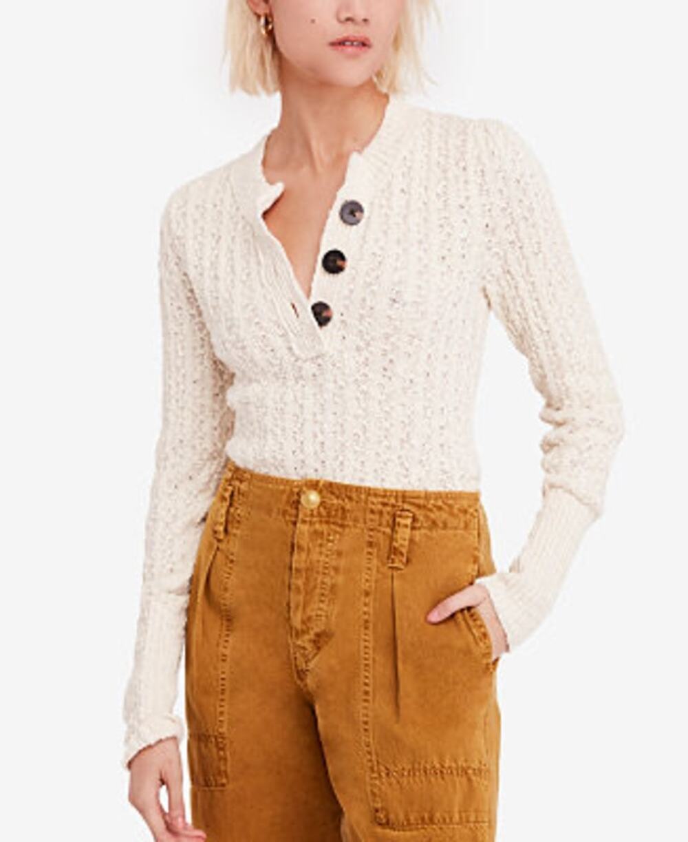 Free People Womens All My Friends Cream Knit Henley Sweater Size M Cream Neutral